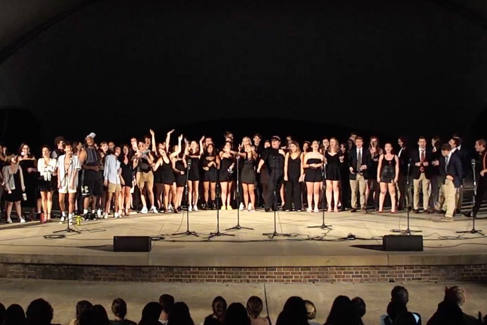 A Cappella groups gathering to sing the Alma Mater following A Cappella Showcase in August, 2022