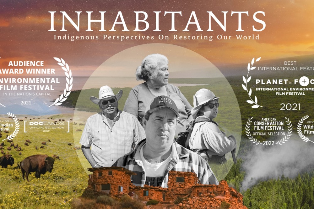 Inhabitants film poster featuring members of Native American Tribes, with a background image of bison on the landscape