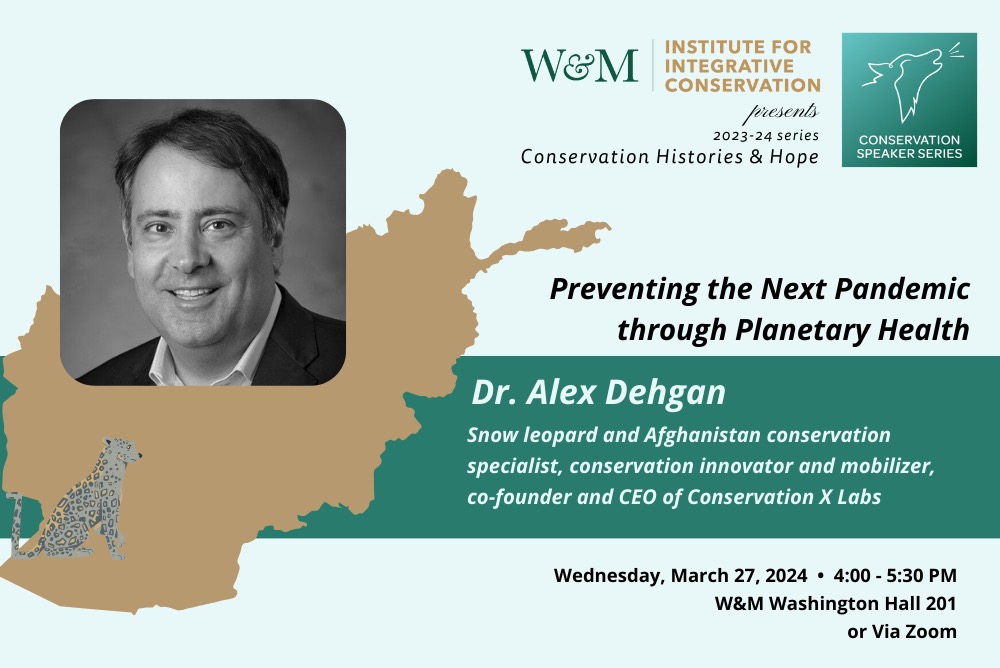 Alex Dehgan event flyer with Dehgan's head and a snow leopard graphic over a map of Afghanistan