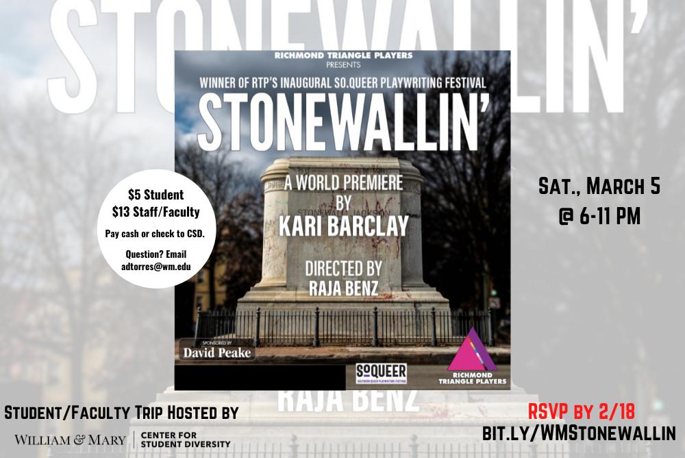 Playwright flyer for the play Stonewallin'. Large stone with black fence surrounding it.