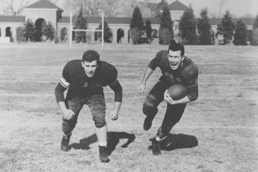 Football co-captains Jerry Sazio and Charlie Sumner on Cary Field. Image from the Colonial Echo, 1955
