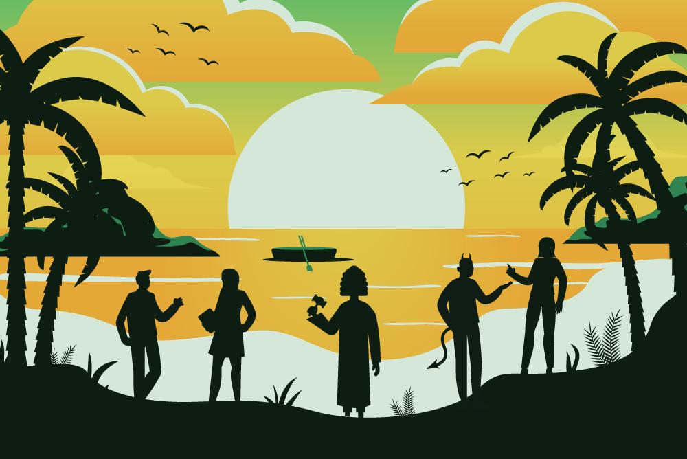 graphic showing setting sun with palm trees and silhouettes of 5 people