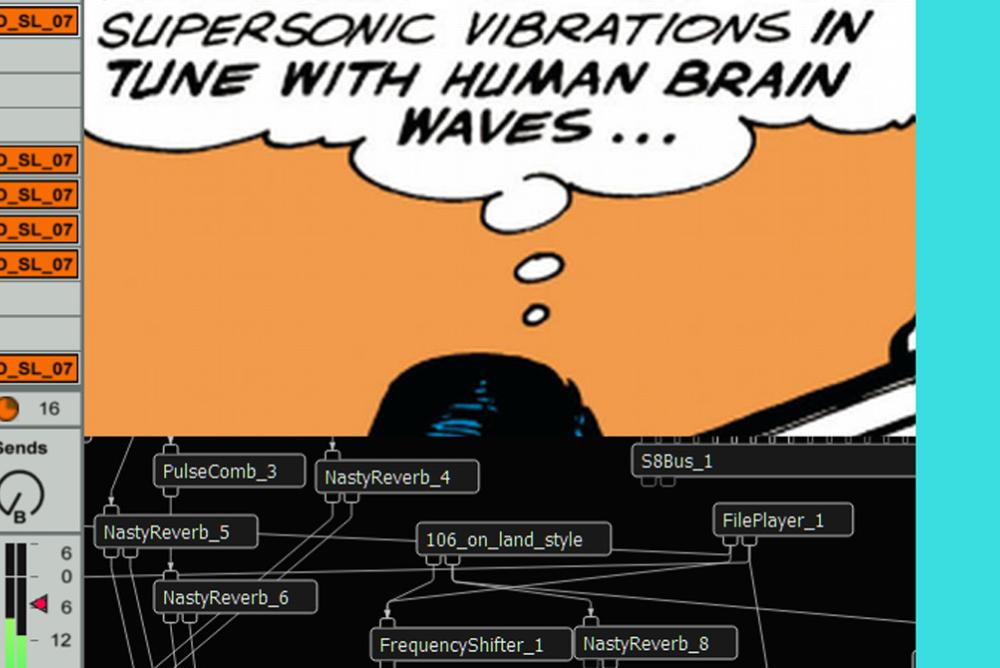 computer music concert poster image of an audiomulch diagram and a thought balloon saying Supersonic vibrations in tune with human brain waves