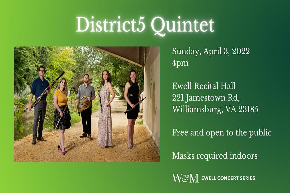 District  5 Quintet consists of Laura Kaufman Mowry, Alison Lowell, Amy Eich, Josh Thompson and Sean Gordon.