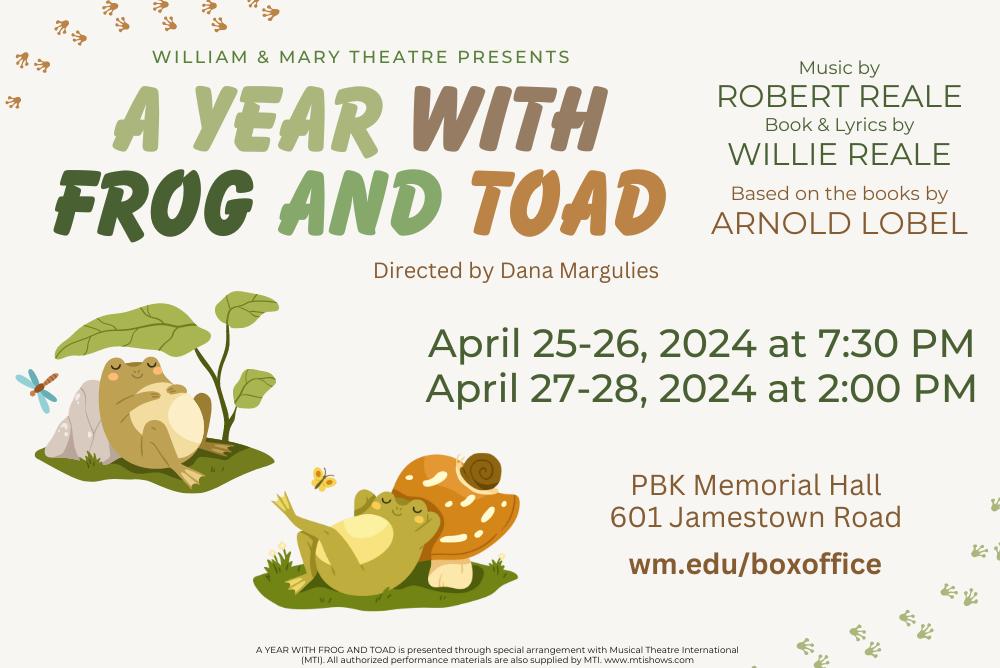 Event poster featuring a cartoon frog and toad, and event information