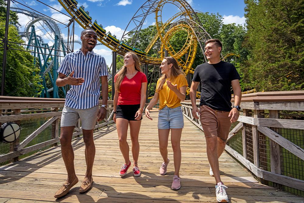 A photo of four people walking in Busch Gardens with a roller coaster in the background.