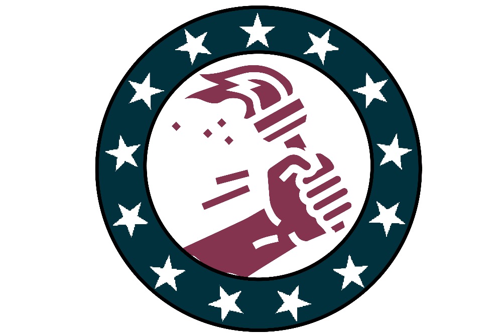 reed badge - a red hand holding a torch surrounded by white stars in a blue circle