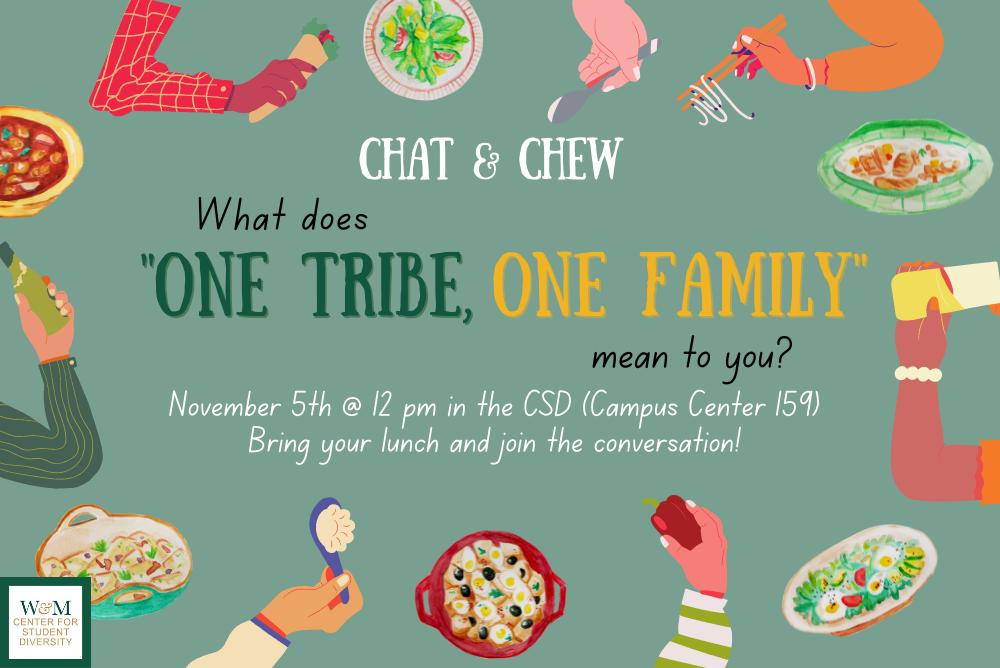 Hands holding food surrounding the border of the flyer, In the center there is text green and yellow text that says What Does One Tribe One Family mean to you?