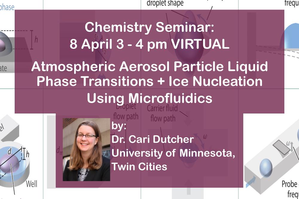 Seminar flyer for Atmospheric Aerosols talk: picture of speaker and technical image of her research