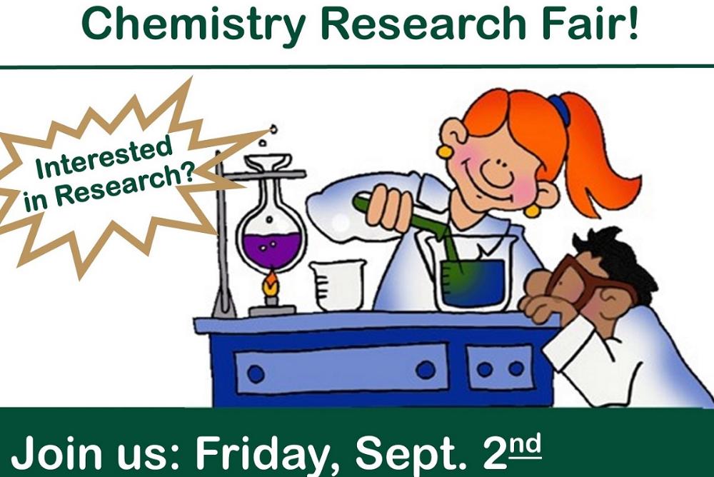 Flyer with cartoon children working at chemistry lab bench. Has date of 2 September for Chemistry Research Fair.