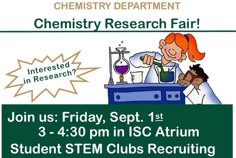 Flyer with cartoon children working at chemistry lab bench.