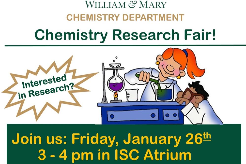 Flyer with cartoon children working at chemistry lab bench. Has date of 27 January for Chemistry Research Fair.