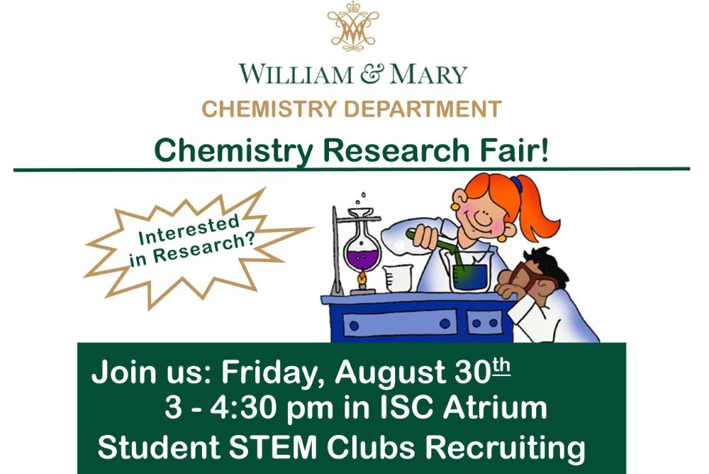 text slide with details about research fair clip art with 2 students working at a chemistry lab bench