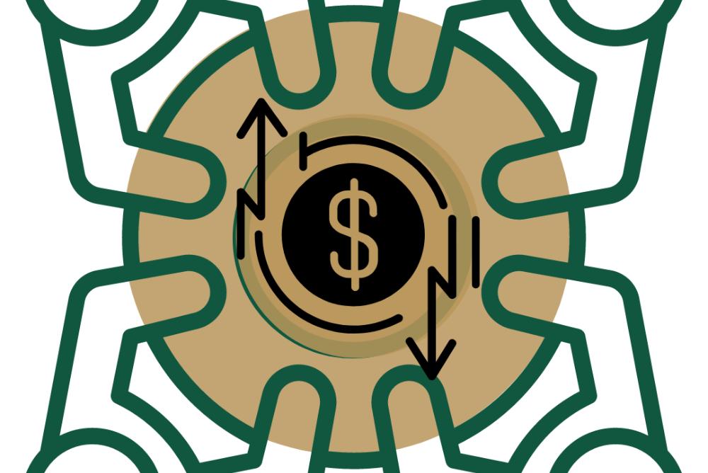 graphic of people around a table with dollar sign in the center