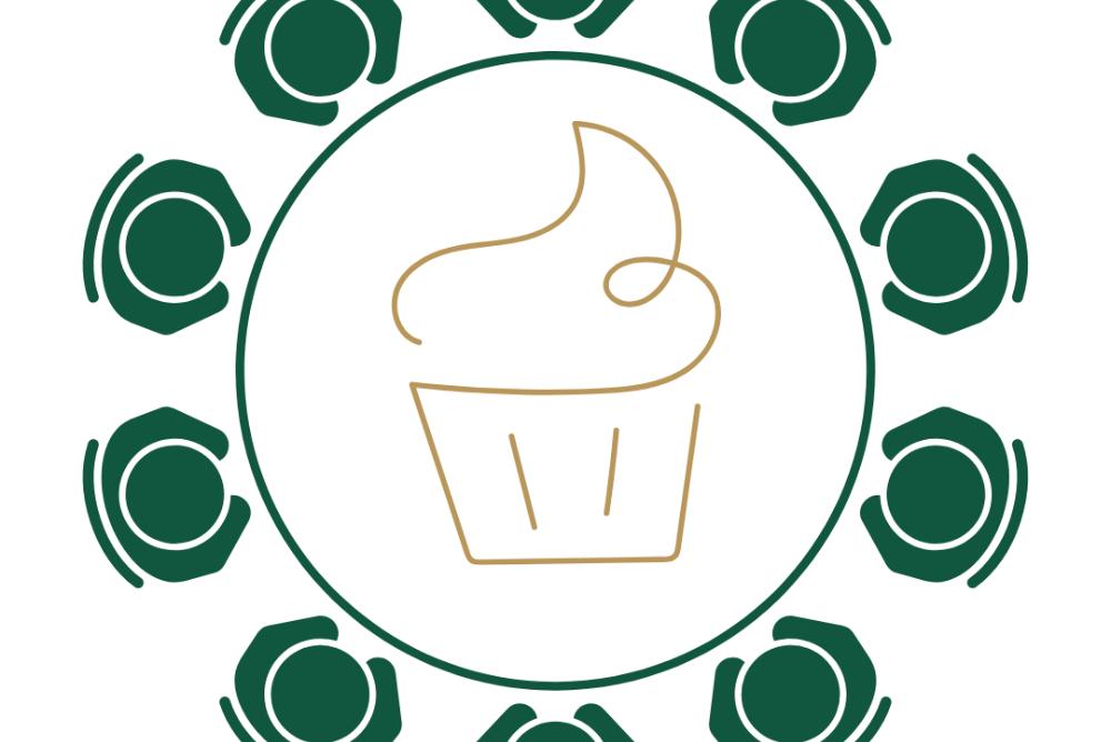 graphic of people around a table with cupcake symbol in center