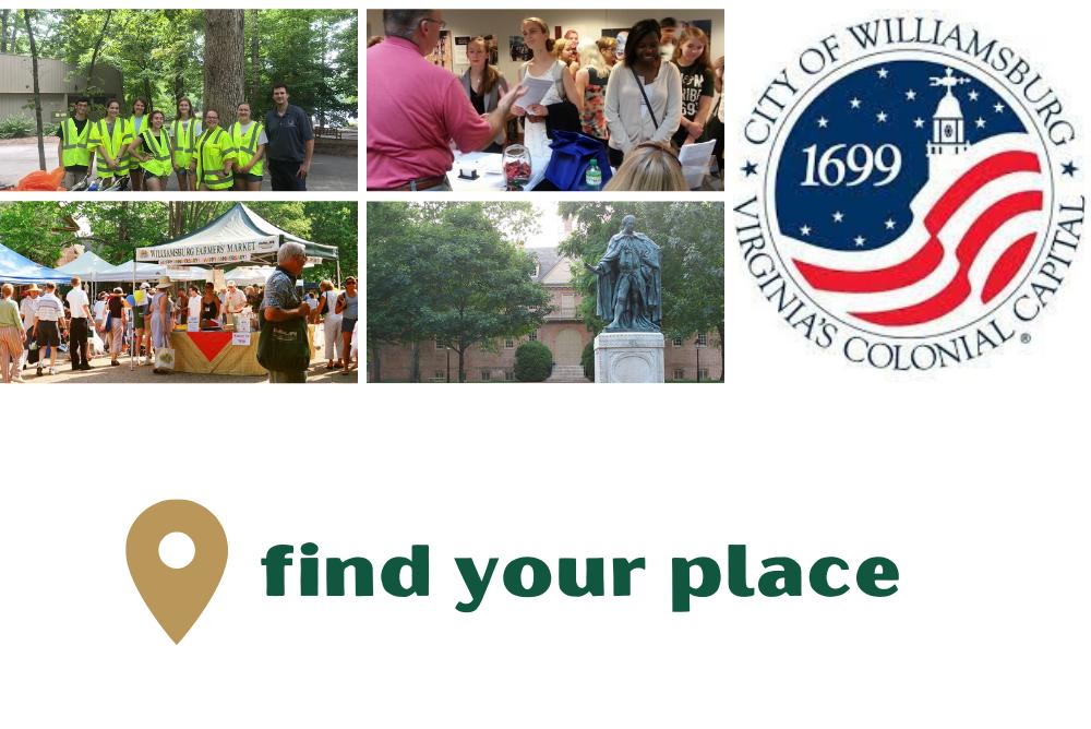 collage of students in Williamsburg and city logo with text: find your place