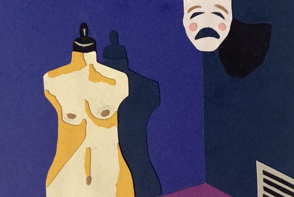 Paper cutout collage of mannequin and dramatic mask on dark blue background. Artwork by student artist Kate Madigan, included in the exhibition.