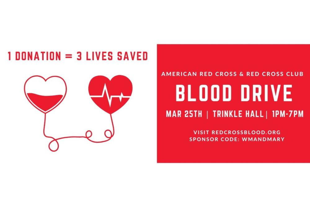 Our next blood drive is Wednesday, March 25th from 1:00-7:00pm in Trinkle Hall!