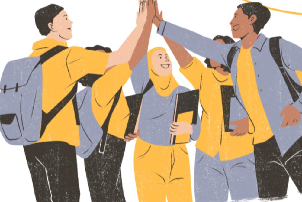 Drawing of AANHPI students high fiving.