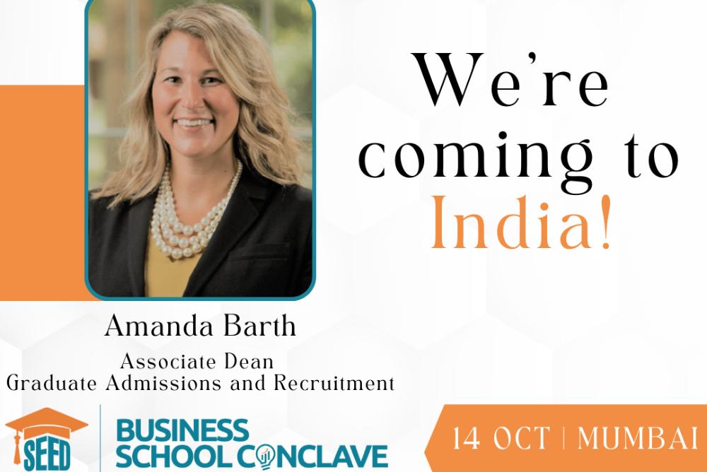 Informational graphic inviting viewers to Business School Conclave Delhi, picture of Amanda Barth