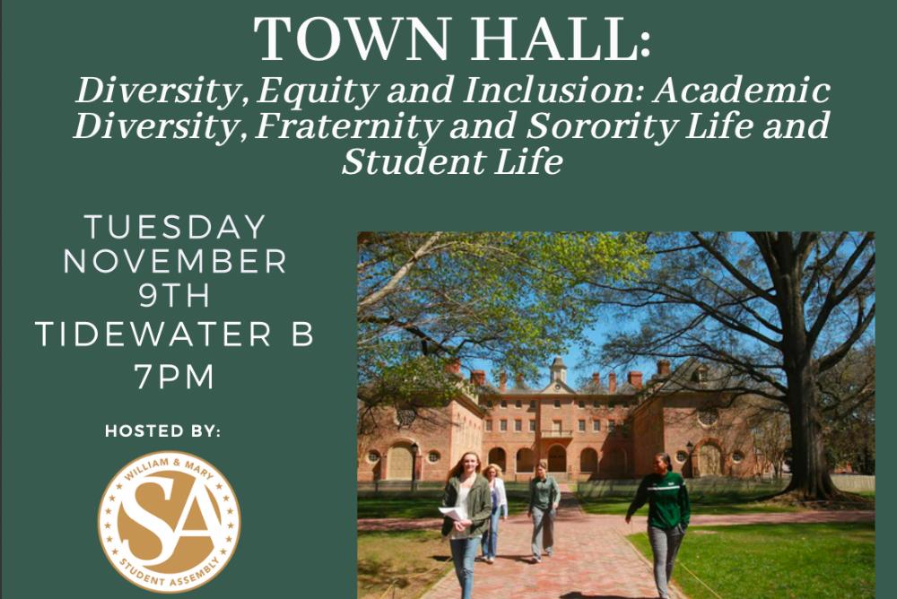Description and information regarding the next Student Assembly town hall on November 9th at 7PM in Tidewater B, Sadler Center.