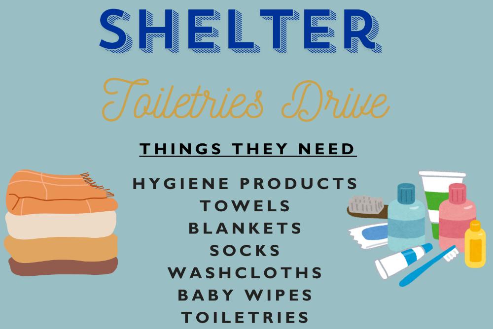 A poster announcing a women's shelter toiletries drive hosted by Sigma Lambda and Beta Delta Chapters, collecting essentials from September 29 to October 8 at Sadler.