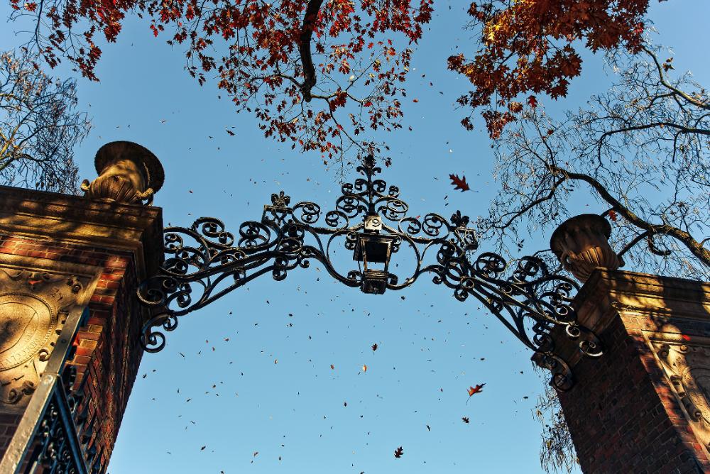 Ornate wrought-iron gates of a university campus