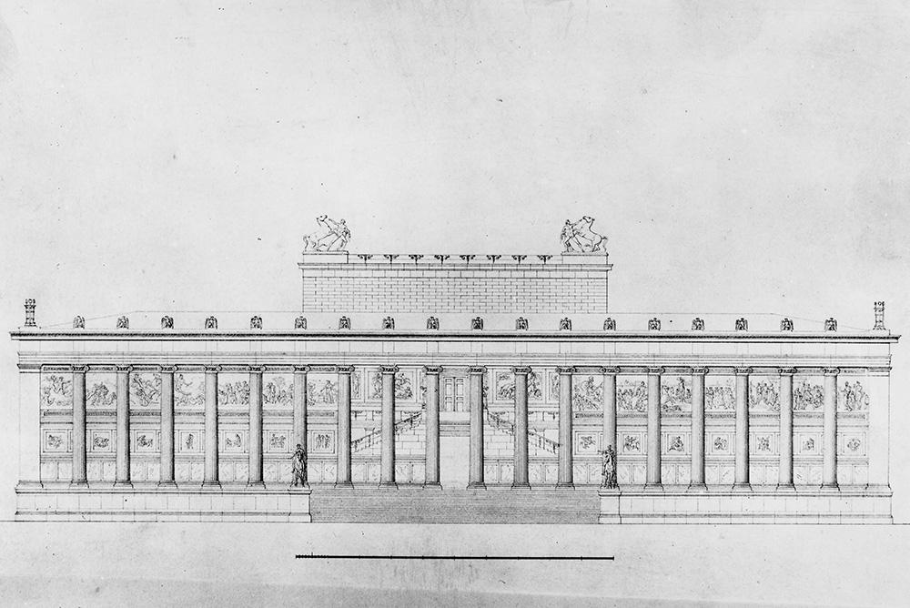 A historic drawing of the Altes Museum in Berlin, Germany