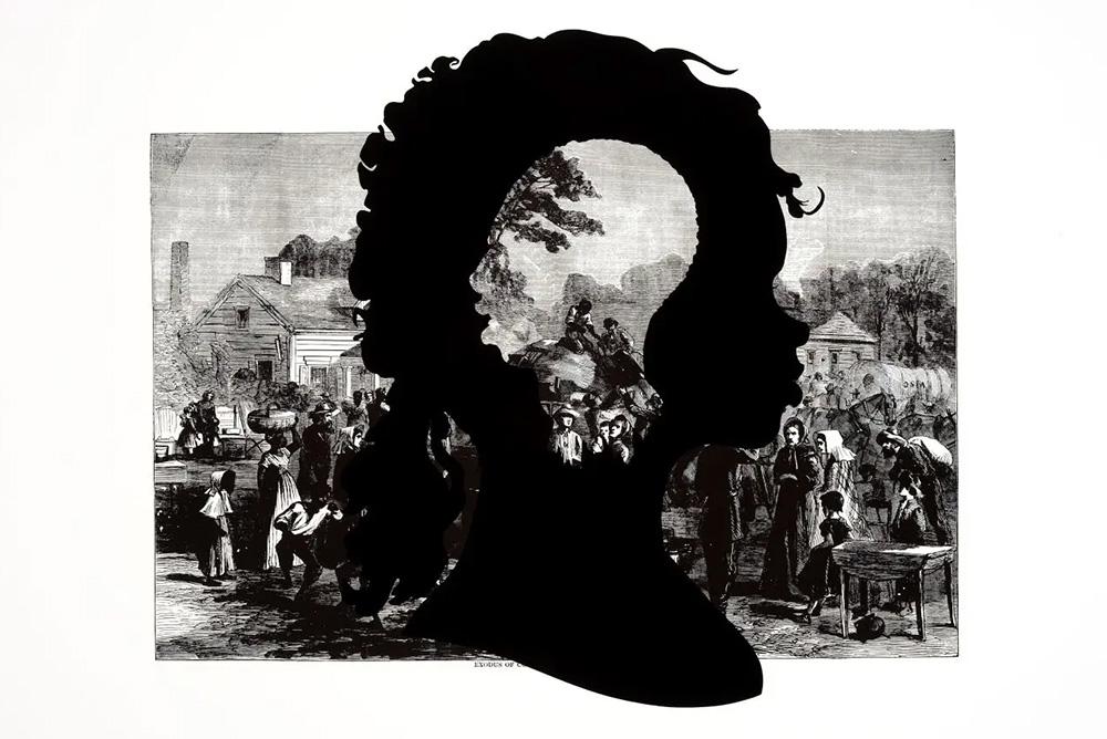 Kara Walker, Harper’s Pictorial History of the Civil War (Annotated): Exodus of Confederates from Atlanta, edition 21/35, 2005. Offset lithography and screenprint, 39 x 53 in. Collection of Jordan D.