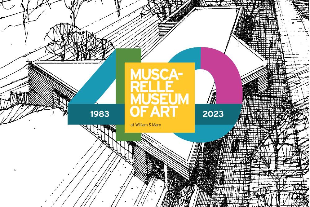 An architectural rendering of the original Muscarelle Museum of Art building is overlaid by the 40th anniversary logo of the museum.