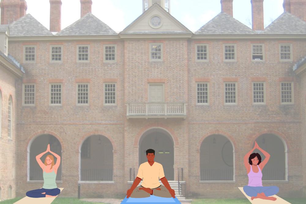 Students doing yoga in the Wren Courtyard