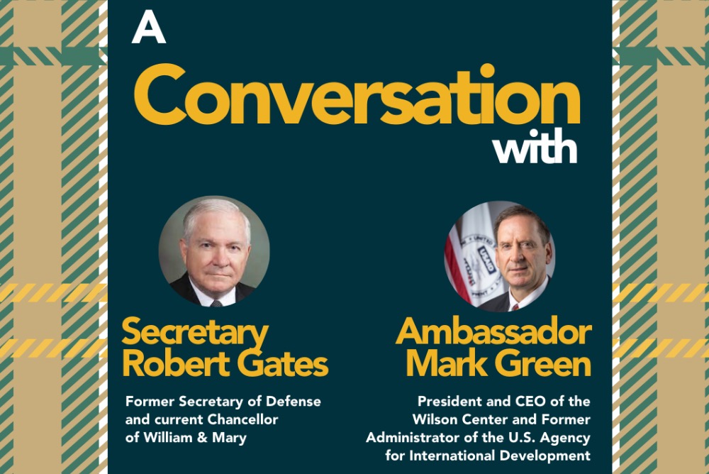 Poster advertising a conversation with Secretary Robert Gates and Ambassador Mark Green.