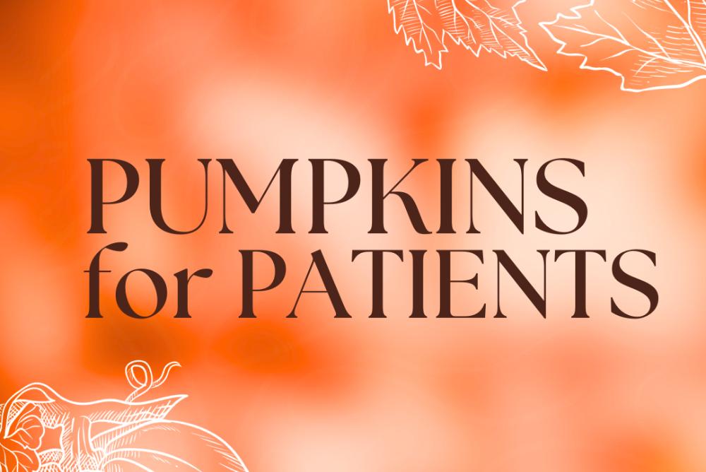 Ombre orange and white background. White outlines of leaves on the upper right corner and a white outline of a pumpkin on the lower left corner. The words 