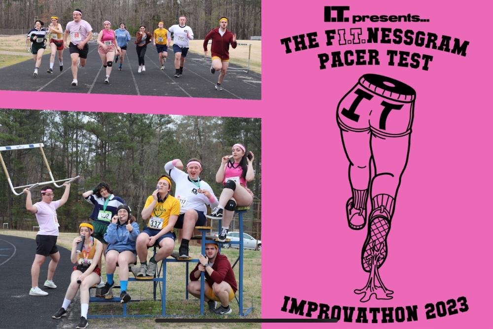 Left: 2 photos of the group running on a track. Right: text reads: 