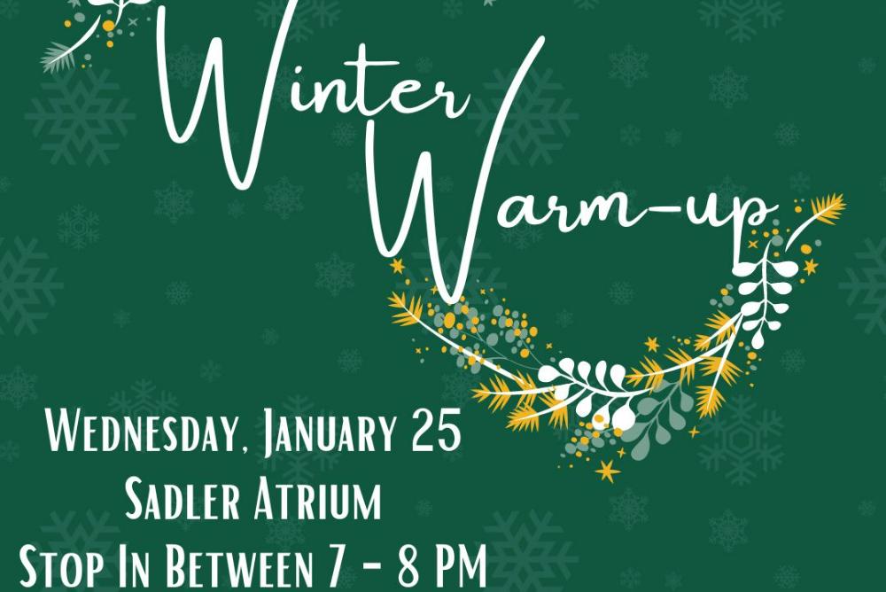 winter warm-up at the wren in a fun script font on a blue starry background