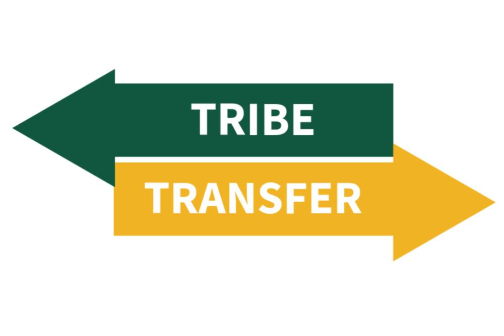 Tribe Transfer written in white font over green and gold cross-directional arrows