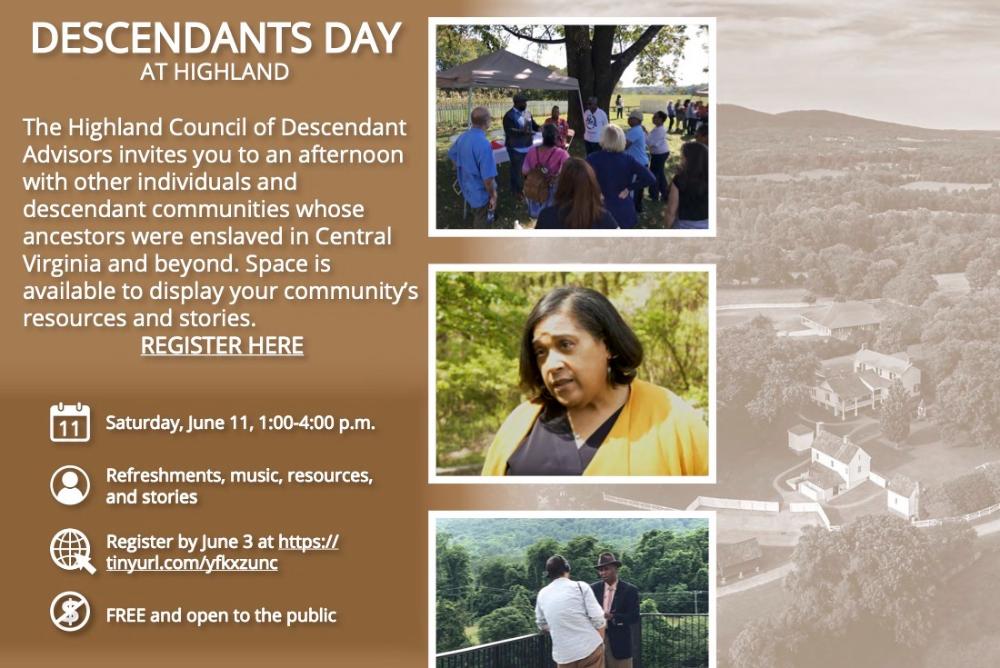 Event flyer for Descendants Day at Highland with three photos vertically placed over top an aerial view of the Highland landscape. Event details include date, Saturday, June 11 and time, from 1-4 PM.
