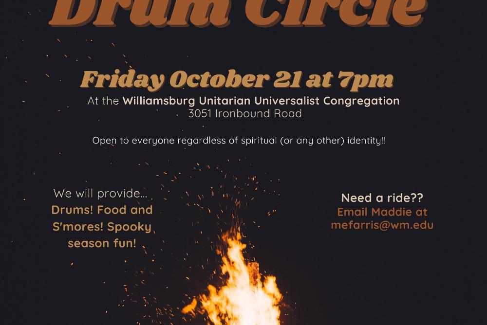 Flyer describing the Bonfire and Drumming Circle, with info on the upcoming event and contact details for the event hosts.