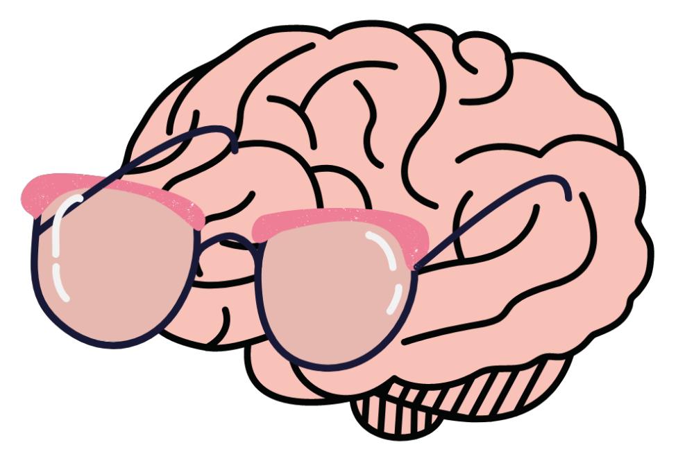 pink brain wearing glasses