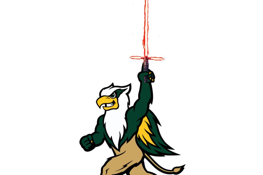 Griffin mascot holding lightsaber