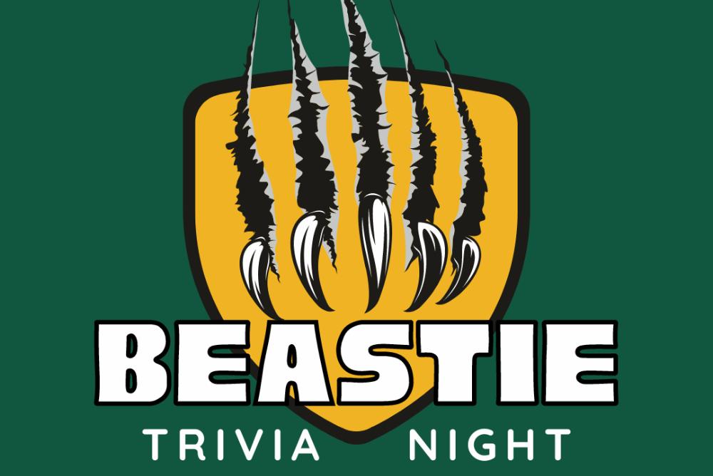 The words Beastie Trivia night on a green background with a yellow badge centered and claws ripping through it.