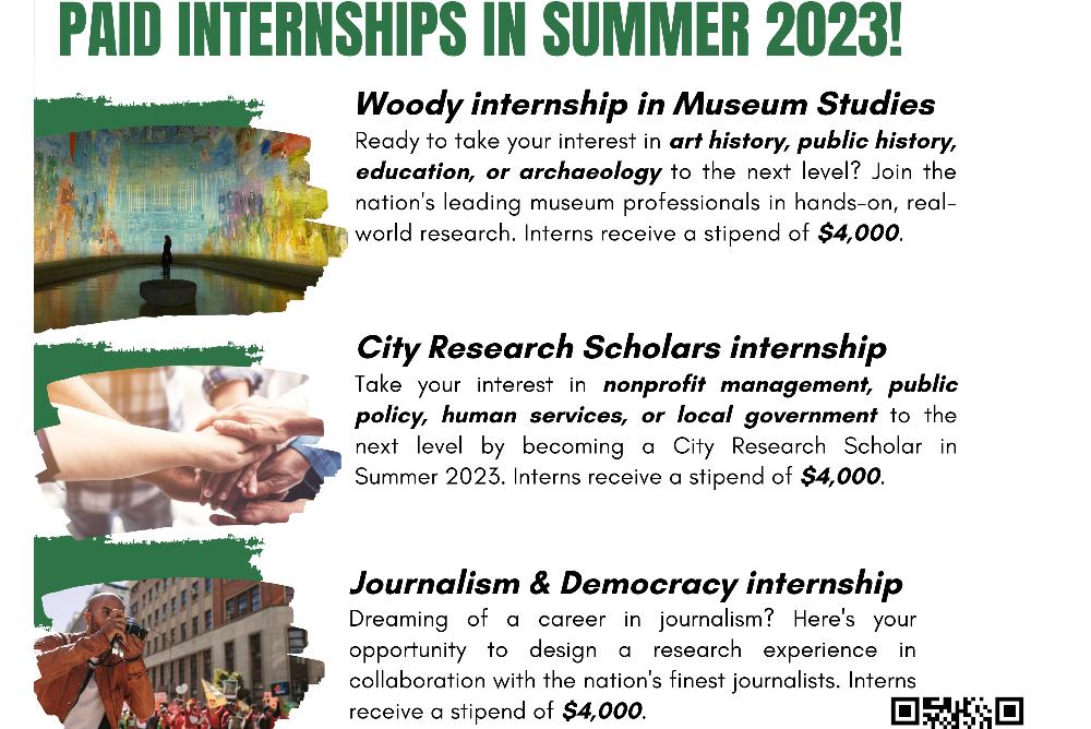 A graphic displaying information about three Charles Center summer internships available on the Charles Center Website