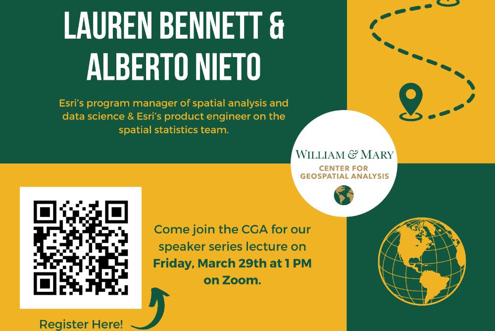Flyer for Lauren Bennett and Alberto Nieto's lecture on Friday, March 29th at  1 PM on Zoom. QR Code to register for the event.