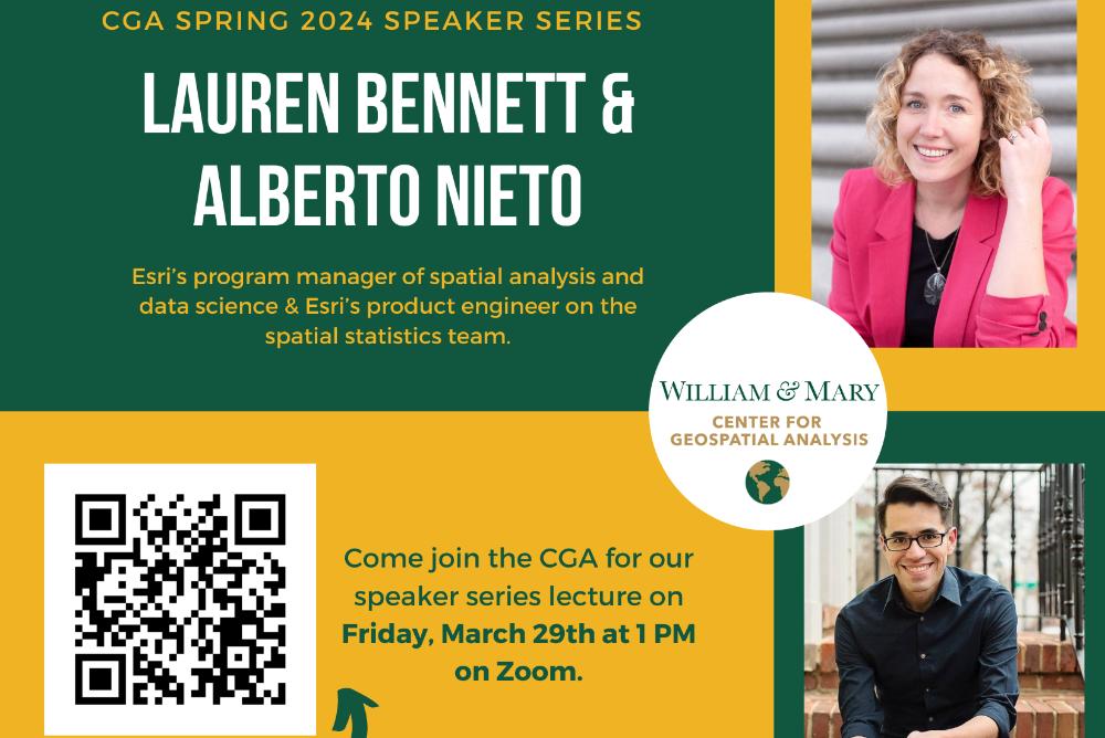 Flyer for Lauren Bennett and Alberto Nieto's lecture on Friday, March 29th at  1 PM on Zoom. QR Code to register for the event.