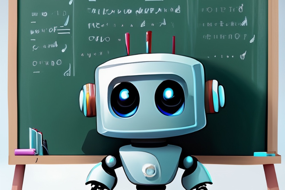 Adobe Firefly sketch of: a friendly looking robot in front of a blackboard.