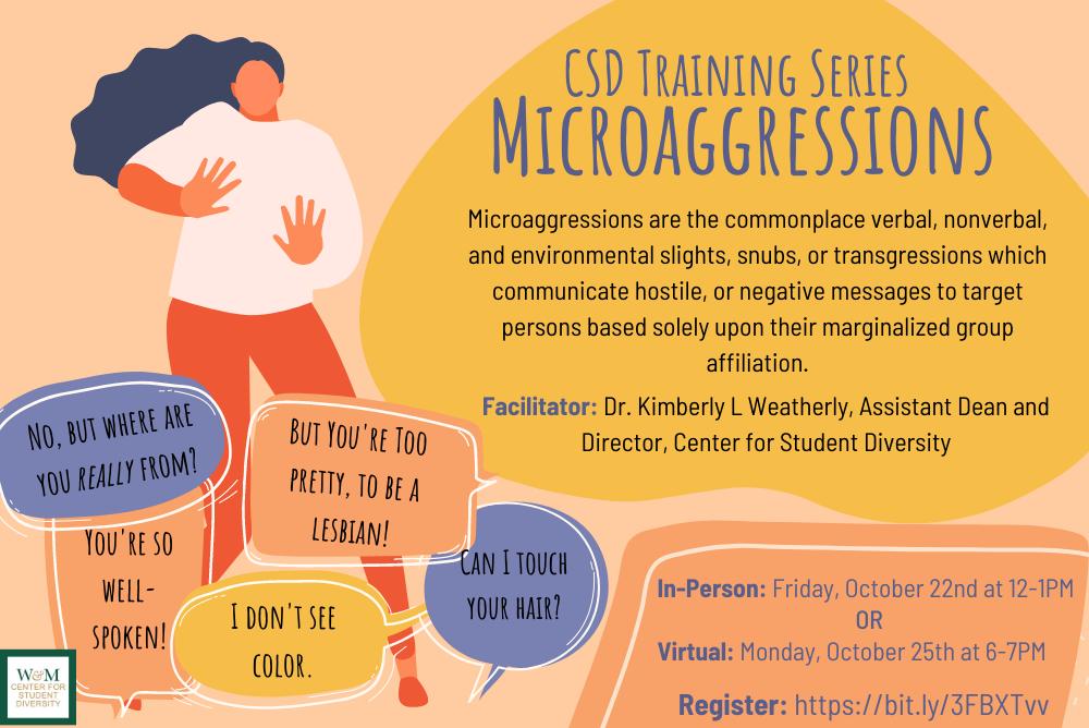 salmon colored flyer with information on 1st training session from the CSD on Microaggressions