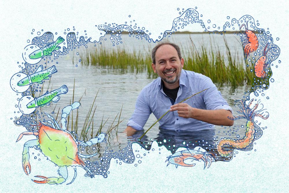 Prof. David Samuel Johnson in a salt marsh with an artist-designed border