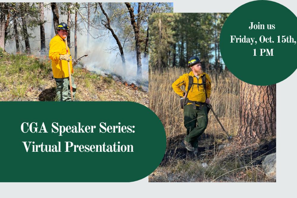 Photos of Aaron Groth and Micah Schmidt in fire gear along with the date and time of the presentation