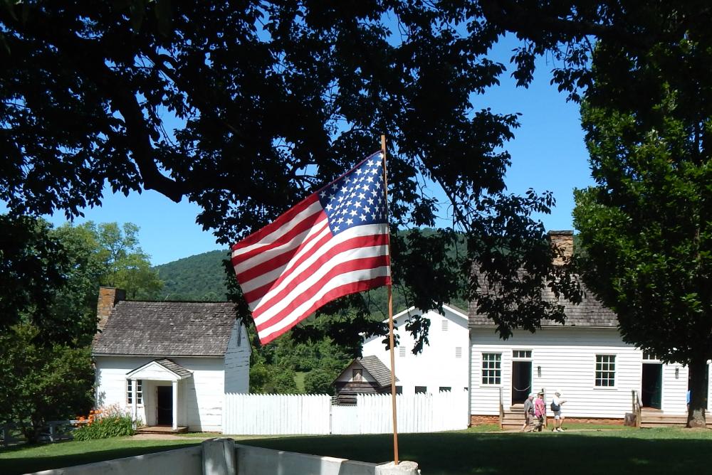 The American Flag with tress and white buildings in the background