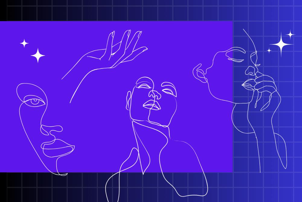 Outline of various people of unknown identities on a purple background.